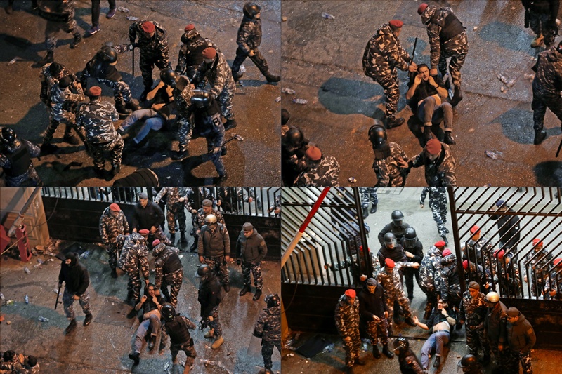 (COMBO) This combination of pictures created on January 16, 2020 shows riot police dragging a detained protester into the police barracks after Lebanese anti-government protesters gathered to demand the release of detainees who were arrested overnight, in the capital Beirut on January 15, 2020. - Lebanon's security forces were holding at least 100 anti-government protesters Thursday, lawyers told AFP, after two nights of demonstrations that turned violent in Beirut. (Photos by ANWAR AMRO / AFP)