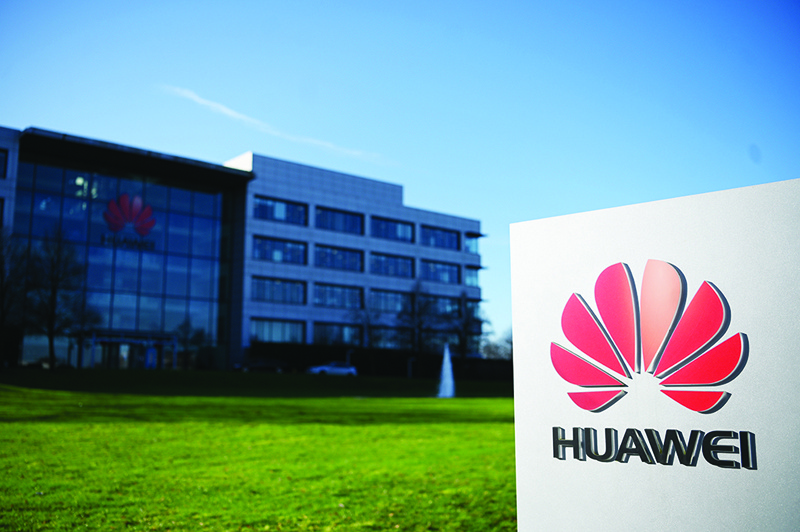 A photograph shows the logo of Chinese company Huawei at their main UK offices in Reading, west of London, on January 28, 2020. - Prime Minister Boris Johnson is expected to announce a strategic decision on January 28, on the participation of the controversial Chinese company Huawei in the UK's 5G network, at the risk of angering his US allies a few days before Brexit. (Photo by DANIEL LEAL-OLIVAS / AFP)