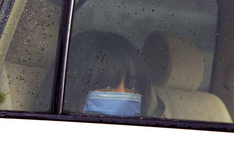 A Kuwaiti girl wearing protective mask, as she looks on from the car window,  in Kuwait City on February 26, 2020.