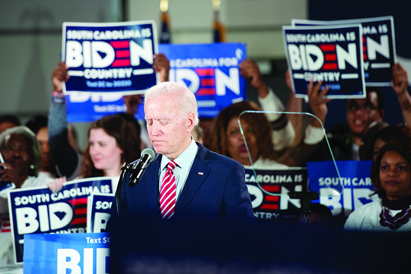 COLUMBIA, SC - FEBRUARY 11: Democratic presidential candidate former Vice President Joe Biden addresses the crowd during a South Carolina campaign launch party on February 11, 2020 in Columbia, South Carolina. Biden skipped a primary-night event in New Hampshire after the count there showed a distant finish to front runner Sen. Bernie Sanders (I-VT).   Sean Rayford/Getty Images/AFP