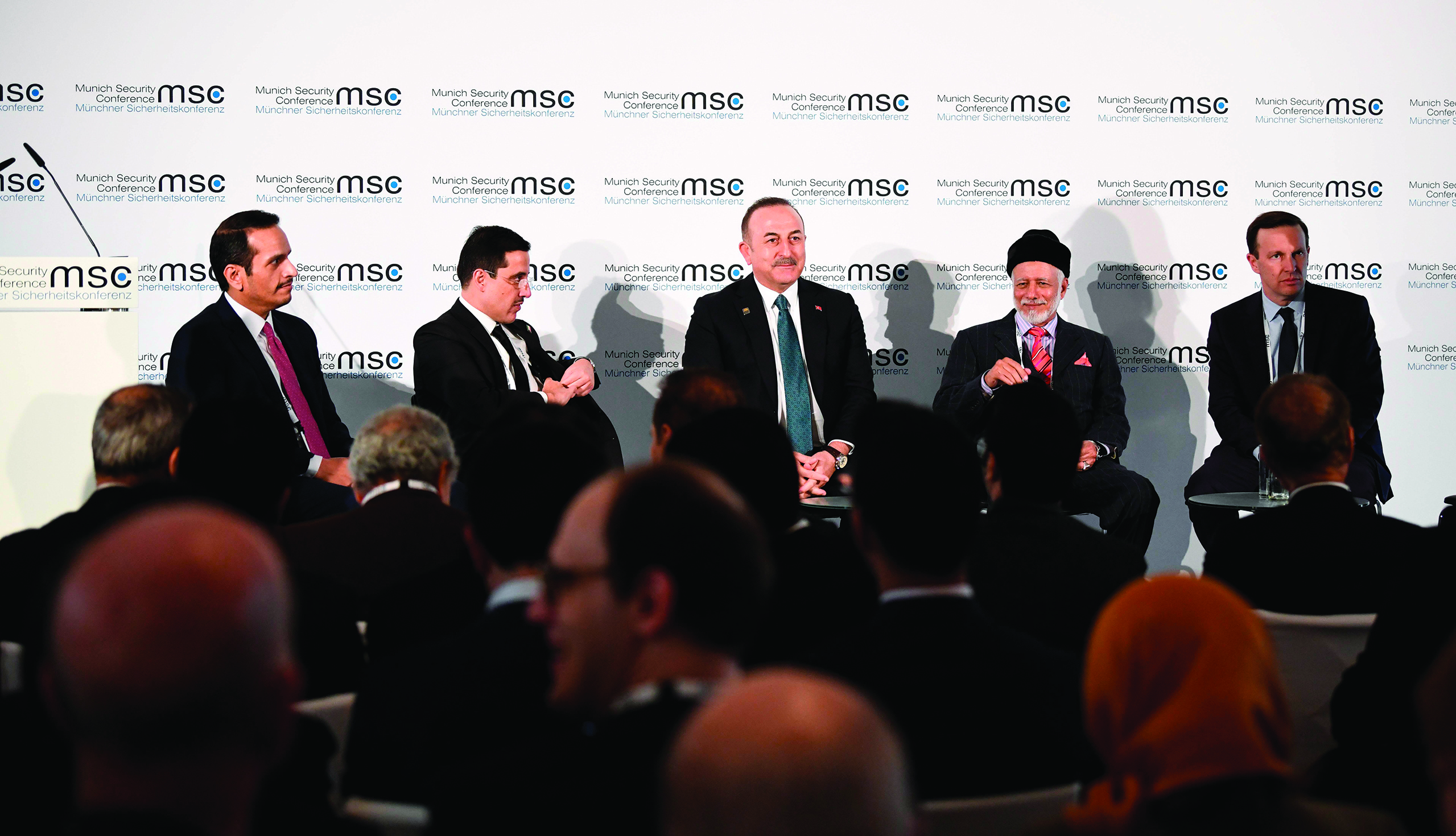 (L-R) Qatar's Foreign Minister Sheikh Mohammed bin Abdulrahman Al Thani, Kuwait's Foreign Minister Sheikh Ahmad Nasser Al-Mohammad Al-Sabah, Turkish Foreign Minister Mevlut Cavusoglu, Oman's Foreign Minister Yusuf bin Alawi bin Abdullah and US Senator Chris Murphy attend a panel discussion during the 56th Munich Security Conference (MSC) in Munich, southern Germany, on February 15, 2020. - The 2020 edition of the Munich Security Conference (MSC) takes place from February 14 to 16, 2020. (Photo by THOMAS KIENZLE / AFP)