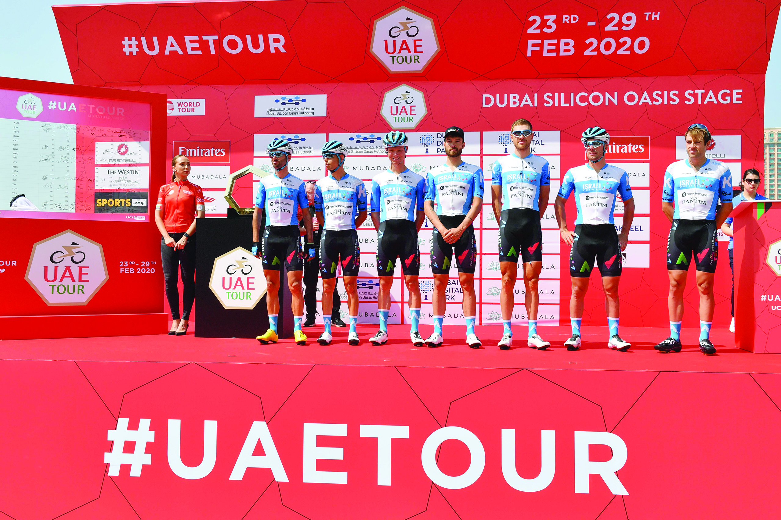 Israel Start-Up Nation team pose before the start of the first stage of the UAE Tour from the Pointe to Silicon Oasis in Dubai on February 23, 2020. (Photo by Giuseppe CACACE / AFP)