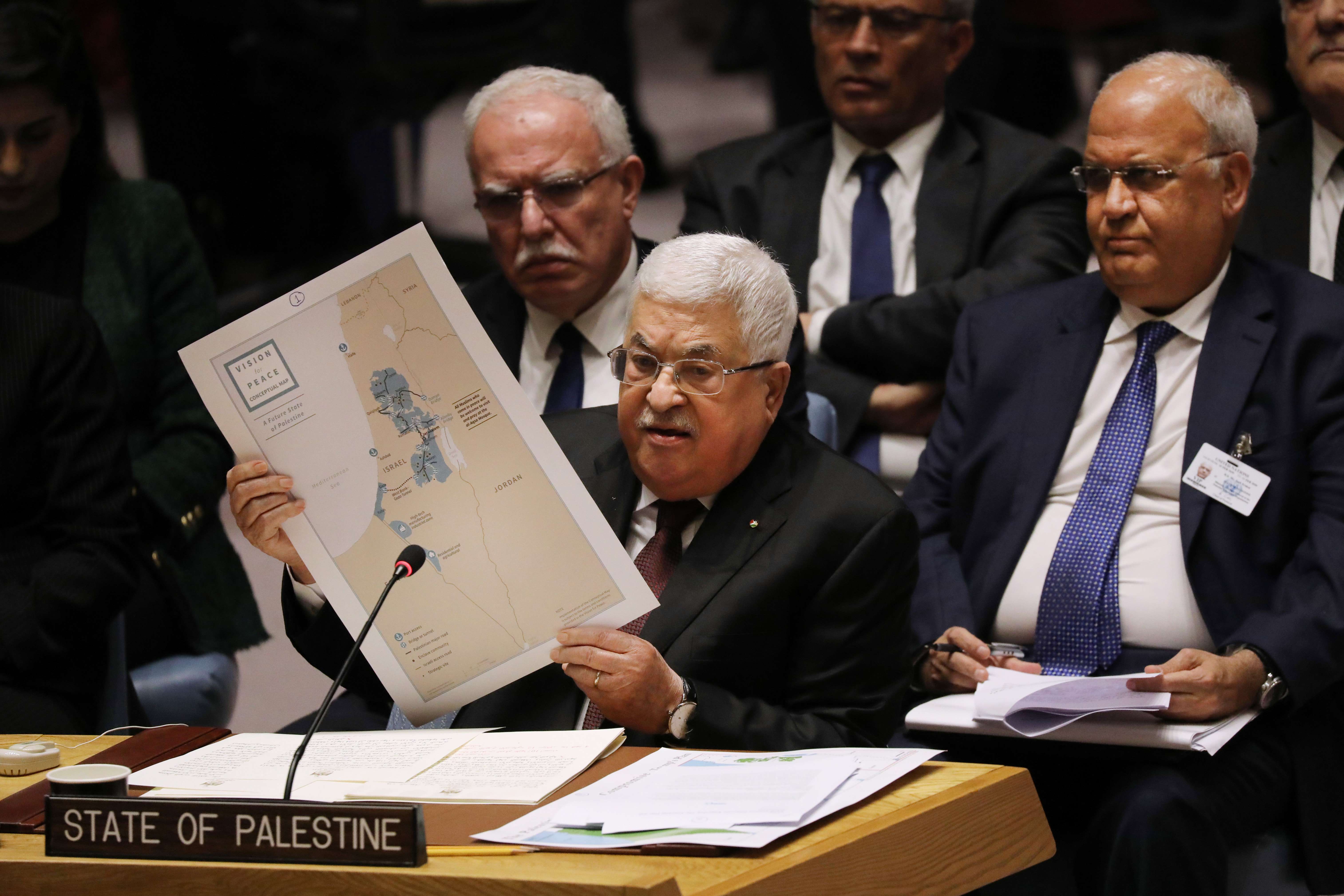 NEW YORK, NEW YORK - FEBRUARY 11: Palestinian President Mahmoud Abbas holds up a Vision for Peace map while speaking at the United Nations (UN) Security Council on February 11, 2020 in New York City. Abbas used the world body to denounce the US peace plan between Israel and Palestine. Donald Trump's proposal for Israeli-Palestinian peace, which was released on January 28, has been met with universal Palestinian opposition.   Spencer Platt/Getty Images/AFPn== FOR NEWSPAPERS, INTERNET, TELCOS &amp; TELEVISION USE ONLY ==