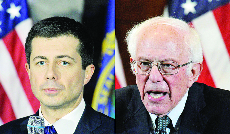 (COMBO) This combination of pictures created on February 5, 2020 shows Democratic presidential candidate Pete Buttigieg(L) at the Rex Theater in his first public appearance since the Iowa Caucus the night before in Manchester, New Hampshire on February 4, 2020, and US presidential candidate and Senator Bernie Sanders giving his response to US President Donald Trump's State of the Union speech at the Currier Museum of Art Auditorium in Manchester, New Hampshire on February 4, 2020. - Democratic White House candidate Pete Buttigieg seized a shock lead in the chaotic Iowa caucuses, closely trailed by leftist senator Bernie Sanders, according to partial returns released on February 4, 2020 after an embarrassing delay in reporting the results. Progressive standard-bearer Elizabeth Warren was in third place followed by Joe Biden, a disappointing showing for the former vice president who has claimed he is best positioned to defeat Donald Trump in November. (Photos by Joseph PREZIOSO / AFP)