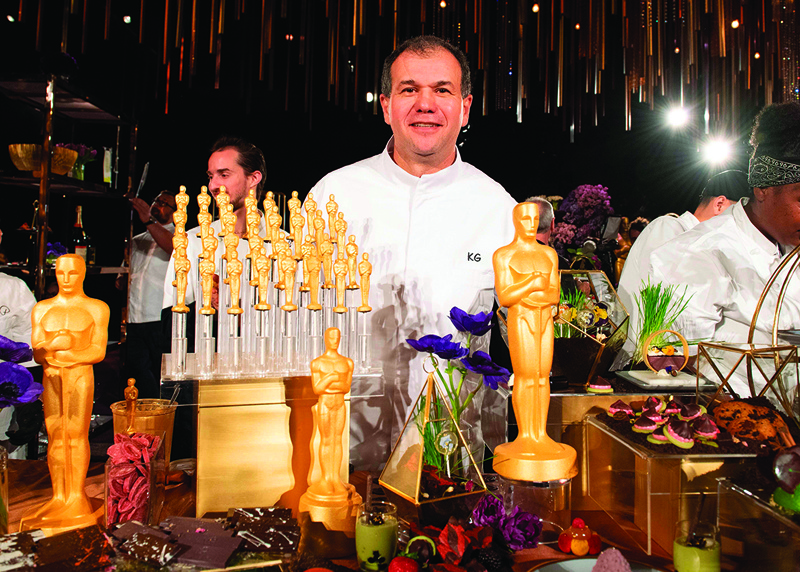 Pastry chef Kamel Guechida poses with chocolate Oscars during the 92nd Annual Academy Awards Governors Ball press preview at The Ray Dolby Ballroom at Hollywood &amp; Highland Center, in Hollywood, California, on January 31, 2020. (Photo by VALERIE MACON / AFP)