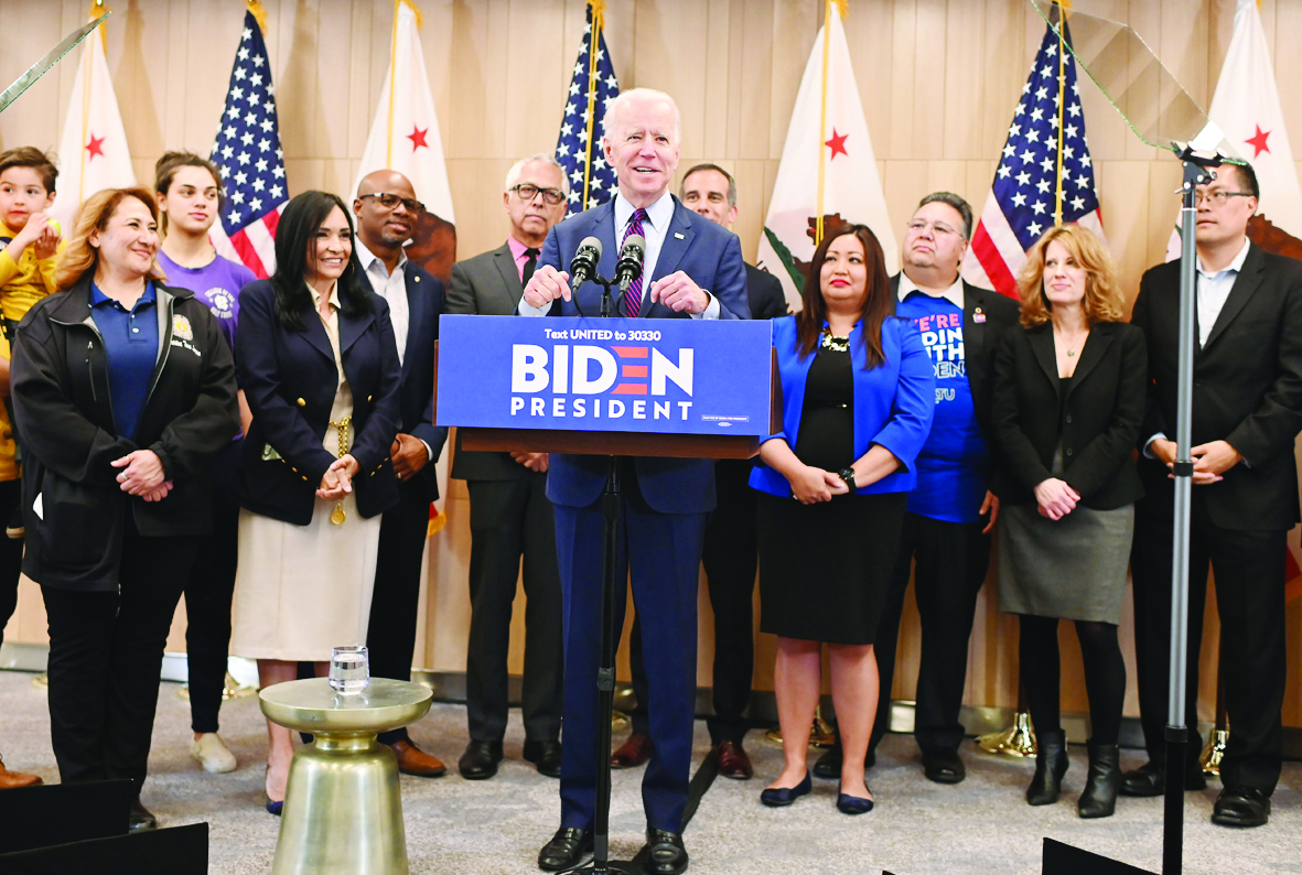 Democratic presidential hopeful Joe Biden delivers remarks in Los Angeles, California, March 4, 2020. - Joe Biden reclaimed frontrunner status in the race for the Democratic presidential nomination after notching up stunning Super Tuesday primary victories. (Photo by Robyn Beck / AFP)