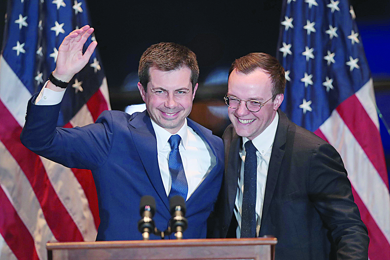 SOUTH BEND, INDIANA - MARCH 01: With his husband Chasten by his side, former South Bend, Indiana Mayor Pete Buttigieg announces he is ending campaign to be the Democratic nominee for president during a speech at the Century Center on March 01, 2020 in South Bend, Indiana. Buttigieg was declared winner of the Iowa caucus after a confusing vote count but, yesterday finished fourth in the South Carolina primary.   Scott Olson/Getty Images/AFPn== FOR NEWSPAPERS, INTERNET, TELCOS &amp; TELEVISION USE ONLY ==