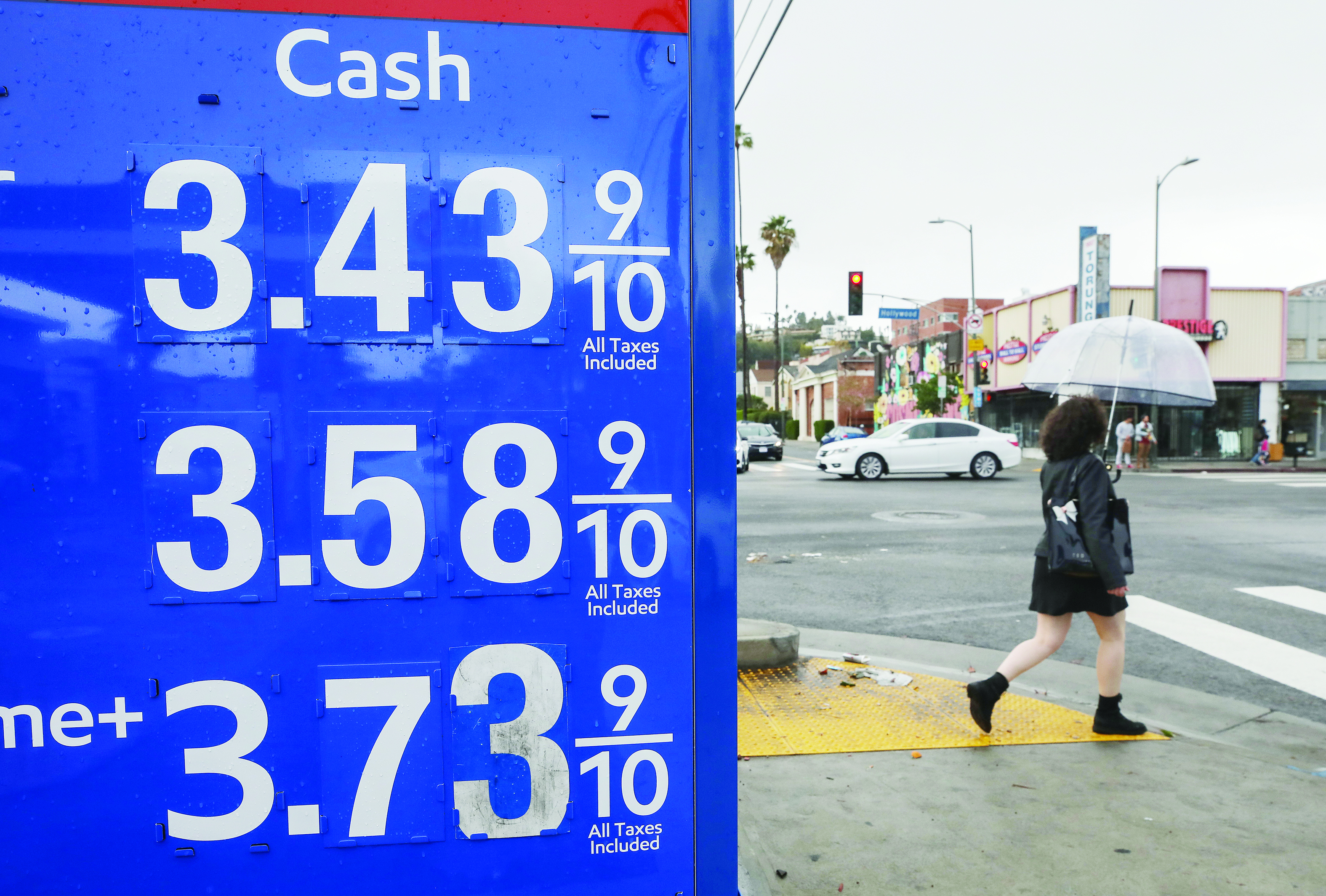 LOS ANGELES, CALIFORNIA - MARCH 10: Gas prices are displayed at a Mobil gas station on March 10, 2020 in Los Angeles, California. The average price of one gallon of regular self-service gasoline in L.A. County dropped to $3.494, the lowest price since March of last year. Demand for gas and oil is declining in the wake of the coronavirus outbreak.   Mario Tama/Getty Images/AFP