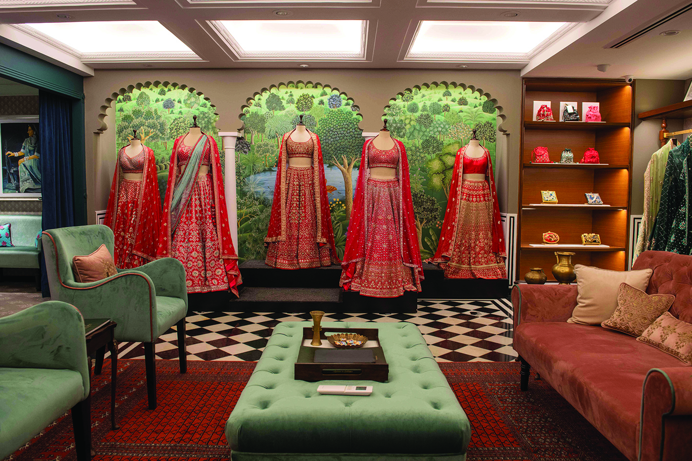 In this photo taken on February 14, 2020, bridal dresses and accessories of fashion designer Anita Dongre are displayed at her store in Mumbai. - With stores in India and New York, multiple clothing brands and a global celebrity following, fashion designer Anita Dongre is a feminist powerhouse in a male-dominated industry. But her true ambition is to create an environmentally sustainable company, she says. (Photo by LaurËne Becquart / AFP) / TO GO WITH Women-activism-India-fashion-economy-environment,INTERVIEW by Ammu Kannampilly