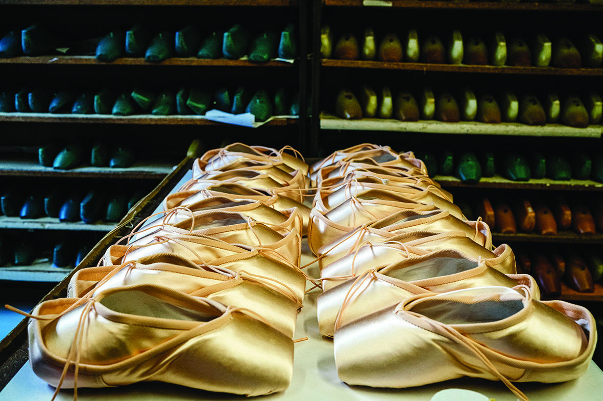 A picture taken at Grishko company shows pointe shoes in the company's Moscow workshop on February 25, 2020. - Born in the chaos of the collapse of the Soviet Union, the Grishko family business has emerged among the top makers in the world of dance shoes, notably classic ballet pointe shoes, worn on the world's great stages. (Photo by Dimitar DILKOFF / AFP)