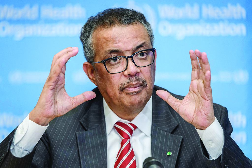 EDITORS NOTE: Graphic content / World Health Organization (WHO) Director-General Tedros Adhanom Ghebreyesus talks during a daily press briefing on COVID-19 virus at the WHO headquaters in Geneva on March 11, 2020. - WHO Director-General Tedros Adhanom Ghebreyesus announced on March 11, 2020 that the new coronavirus outbreak can now be characterised as a pandemic. (Photo by Fabrice COFFRINI / AFP)