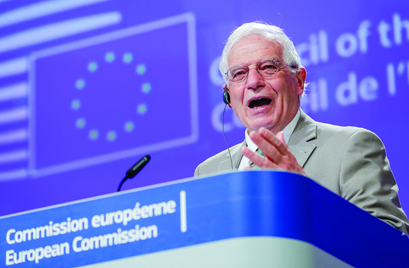 The European High Representative of the Union for Foreign Affairs, Josep Borrell attends a video conference with Europeans Foreign Ministers in Brussels, Belgium, on April 22, 2020, during a strict lockdown in the country aimed at curbing the spread of the novel coronavirus. (Photo by OLIVIER HOSLET / POOL / AFP)