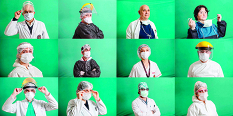 (COMBO) This combination of 12 pictures created on April 6, 2020 shows  medical staffers on the frontline treating patients of the COVID-19 (novel coronavirus) pandemic: (top L-R) Sait Gonen,  59, Professor and Dean of the Istanbul University Cerrahpasa medical faculty; Fatma Dinc, 33, a nurse; Professor Yalim Dikmen, 56, a doctor as intensive care specialist; Nurgul Tayran, 47, a registered infection control nurse; (middle L-R) Ozlem Hatip, 40, a nurse; Mehmet Sakirsahsi, 47, a member of cleaning staff; Semra Kacar, 44, a nurse; associate professor Kenan Barut, 42, a doctor at the pediatric clinic; (bottom L-R) Gokberk Guler, 28, a doctor; Nilay Simsek, 43, a chief nurse; Cebrail Karaca, 33, a doctor in the nephrology department; Hatice Degirmenci, 24, a member of cleaning staff, posing during a photo session at the Istanbul University Cerrahpasa medical faculty Hospital in Istanbul. (Photo by Ozan KOSE / AFP)