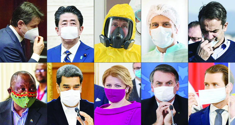 TOPSHOT - (COMBO) This combination of file pictures created on May 8, 2020 shows political leaders wearing face masks during the COVID-19, coronavirus pandemic : (1row fromL), a file photo taken on April 21, 2020 and provided by Italian news agency ANSA of Italy's Prime Minister Giuseppe Conte putting his face mask back on after addressing Parliament in Rome, a file photo taken on April 7, 2020 of Japan's Prime Minister Shinzo Abe attending a press conference at the prime minister's official residence in Tokyo, a file photo taken on March 24, 2020 of Russian President Vladimir Putin wearing protective gear as he visits a hospital where patients infected with the COVID-19 novel coronavirus are being treated in the settlement of Kommunarka in Moscow, a file photo taken on March 31, 2020 of French President Emmanuel Macron wearing protective suit and face mask as he visits the Kolmi-Hopen protective face masks factory in Saint-Barthelemy-d'Anjou near Angers, a file photo taken on April 18, 2020 of Greek Prime Minister Kyriakos Mitsotakis removing his protective face mask after attending the departure of minor migrants who were living in camps on the Greek islands, at the International Airport of Athens, to travel on a special flight to Germany, (2nd row fromL) a file photo taken on April 24, 2020 of South African President Cyril Ramaphosa arriving at NASREC Expo Centre in Johannesburg where facilities are in place to treat COVID-19 coronavirus patients, a handout file photo taken on May 4, 2020 and released by the Venezuelan Presidency of Venezuela's President Nicolas Maduro during a meeting with members of the Bolivarian National Armed Forces (FANB) at Miraflores Presidential Palace in Caracas, a file photo taken on March 21, 2020 of Slovak President Zuzana Caputova during the swearing in ceremony of the new four-party coalition government at the Presidential palace in Bratislava, a file photo taken on March 18, 2020 of Brazilian President Jair Bolsonaro during a pres