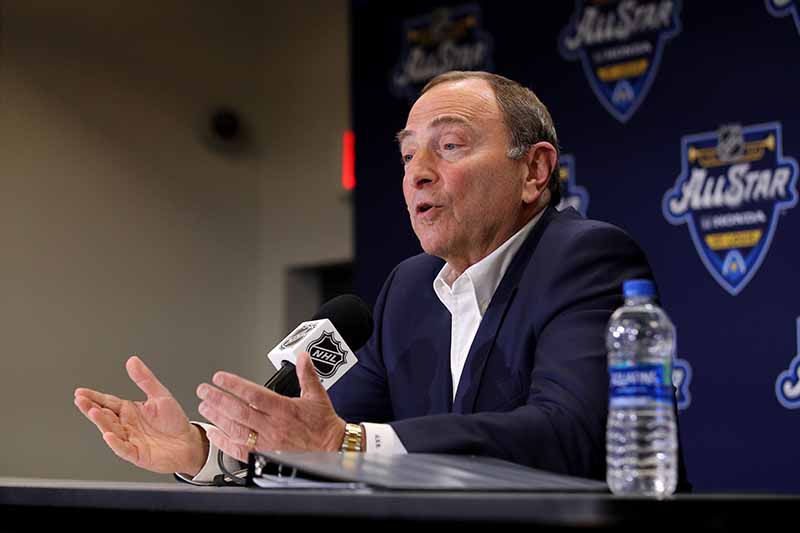 MISSOURI: File photo taken on January 23, 2020 NHL Commissioner Gary Bettman speaks to the media prior to the 2020 NHL All-Star Skills Competition at Enterprise Center in St Louis, Missouri. Bettman said the league is looking at eight or nine locations where about 12 teams could play in plans to restart the 2019-20 season. – AFP