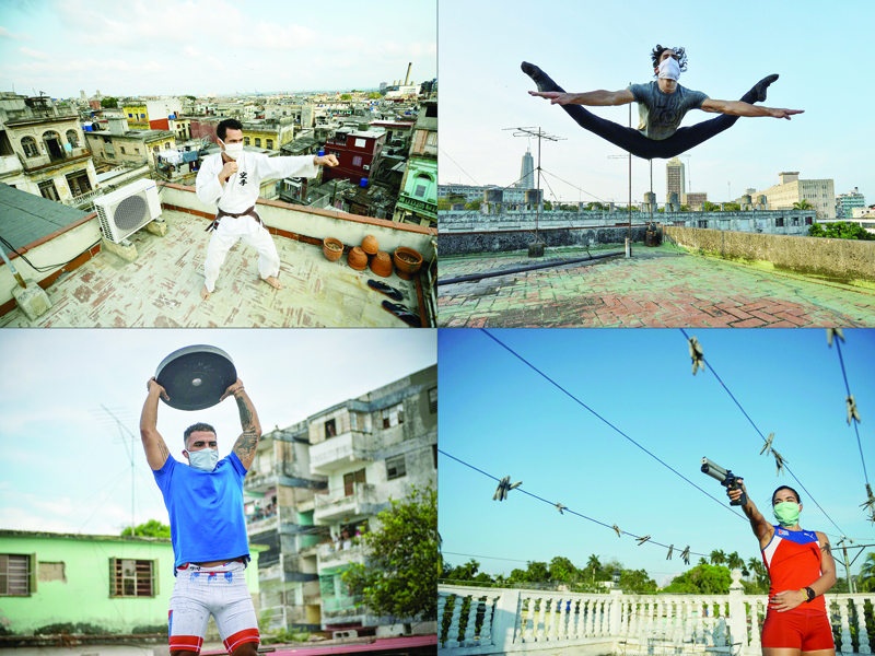 (COMBO) This combination of pictures created on April 24, 2020 shows Cuban martial arts expert Alejandro Lopez, dancer Adrian Sanchez, Greco-Roman wrestler Daniel Gregorich and modern pentathlete Leydi Laura Moya training in their rooftops in Havana. - Amid the isolation due to the coronavirus COVID-19 outbreak, musicians, athletes, and dancers practice their routines on the roofs of their houses to stay fit. (Photos by YAMIL LAGE / AFP)