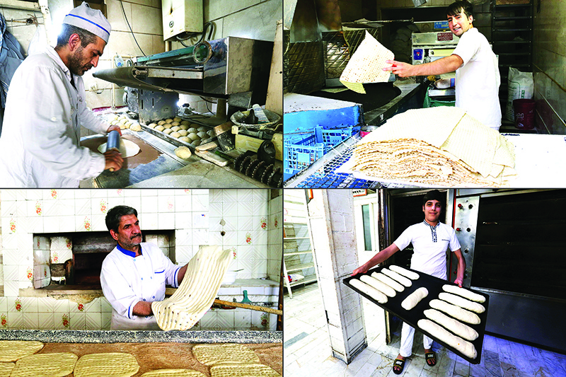 This combination of pictures show (top, left to right) baker Mohammad Mirzakhani, 41, making Taftoon bread; baker Mohammad Abdi, 24, cooking Lavash bread; (bottom, left to right) baker Esmail Asghari, 66, making Barbari bread and baker Hasan, 17, displaying Fantezi bread.
