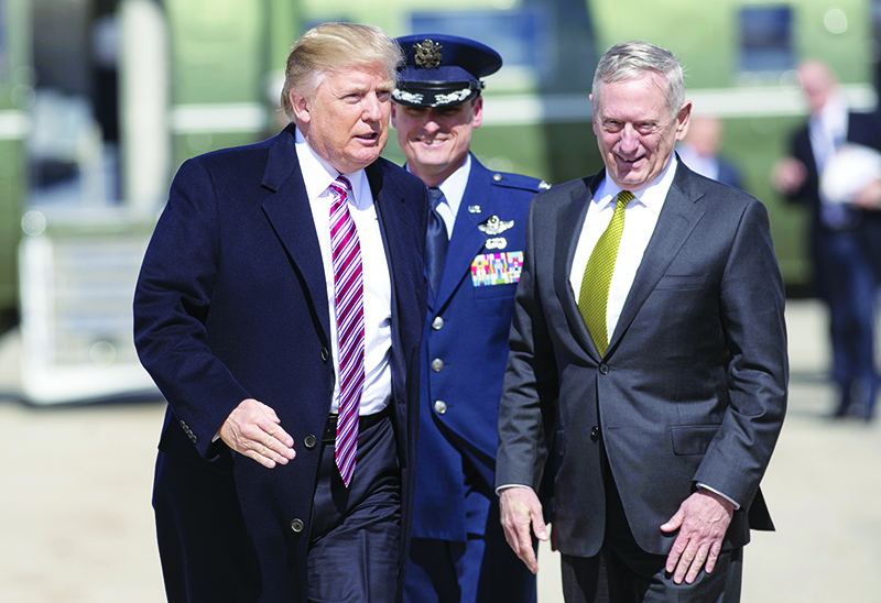 MARYLAND: In this file photo, US President Donald Trump greets Secretary of Defense James Mattis (right) as he walks to board Air Force One prior to departing from Andrews Air Force Base in Maryland. —AFP