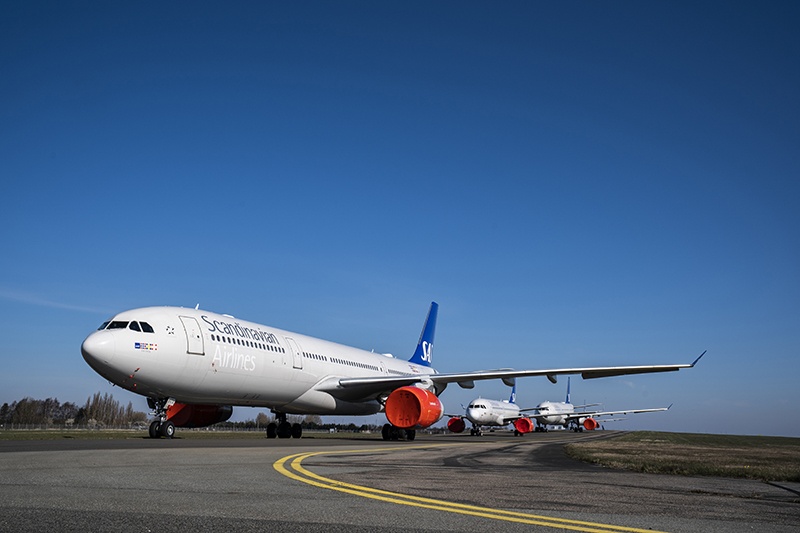 COPENHAGEN: An aircraft of Nordic airline company SAS parked on the tarmac at Copenhagen’s Airport, as most of the flights have cancelled due to the novel coronavirus pandemic. European airlines face a bumpier return to the skies from coronavirus lockdowns than US and Asian rivals.—AFP