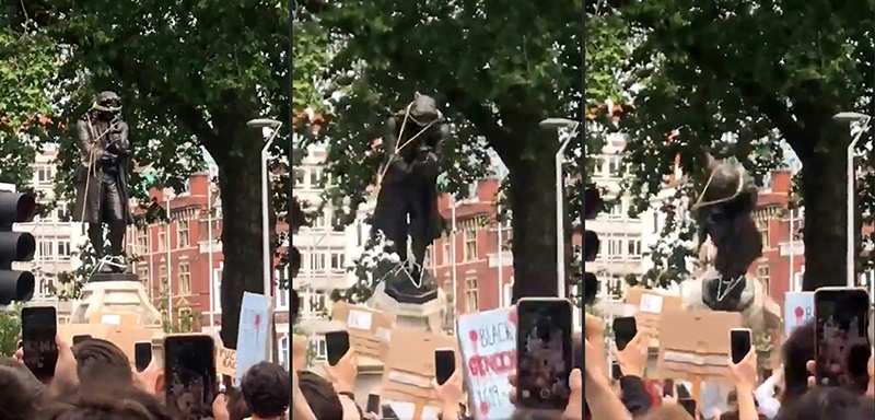 BRISTOL: This combination of pictures created on June 7, 2020 shows protesters pulling down a statue of slave trader Edward Colston during a demonstration organized to show solidarity with the Black Lives Matter movement in the wake of the killing of George Floyd, an unarmed black man who died after a police officer knelt on his neck in Minneapolis. – AFP