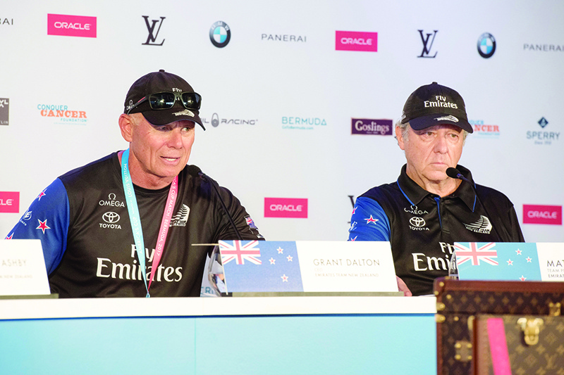 HAMILTON: File photo taken on June 26, 2017 Emirates Team New Zealand CEO Grant Dalton (L) and Team Principal Matteo de Nora at the final press conference as winners of the America’s Cup, 2017 in Hamilton, Bermuda. Team New Zealand have fired a number of employees for leaking confidential information about next year’s America’s Cup defence, Dalton said yesterday. —AFP