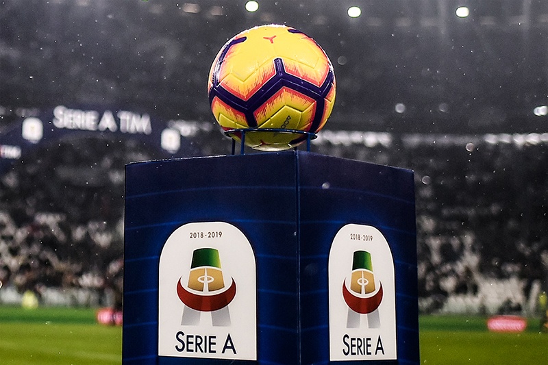 TURIN: File photo shows the Italian Serie A official soccer ball and logo are pictured prior to the Italian Serie A football match. Italy’s football bosses approved on June 8, 2020 the holding of play-offs should the restarting season be suspended again and an algorithm with which to decide the league table should the campaign come to a definitive halt. — AFP