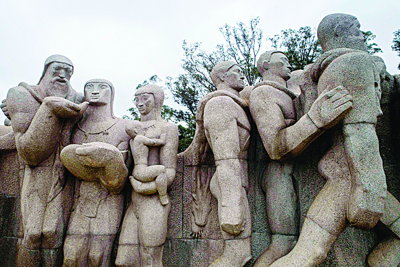 Partial view of the Monument to the Bandeiras -representing settling expeditions in which indigenous people were killed and enslaved in the colonial times-, in Sao Paulo, Brazil, on July 16, 2020. - Following US antiracist protests, which prompted the removal of monuments with figures related to slavery and colonialism, Erica Malunguinho, the first transgender representative in Sao Paulo's Legislative Assembly, proposed the creation of a commission to revise monuments, names of avenues, schools and public buildings of the highest populated state in Brazil. (Photo by FERNANDO MARRON / AFP)