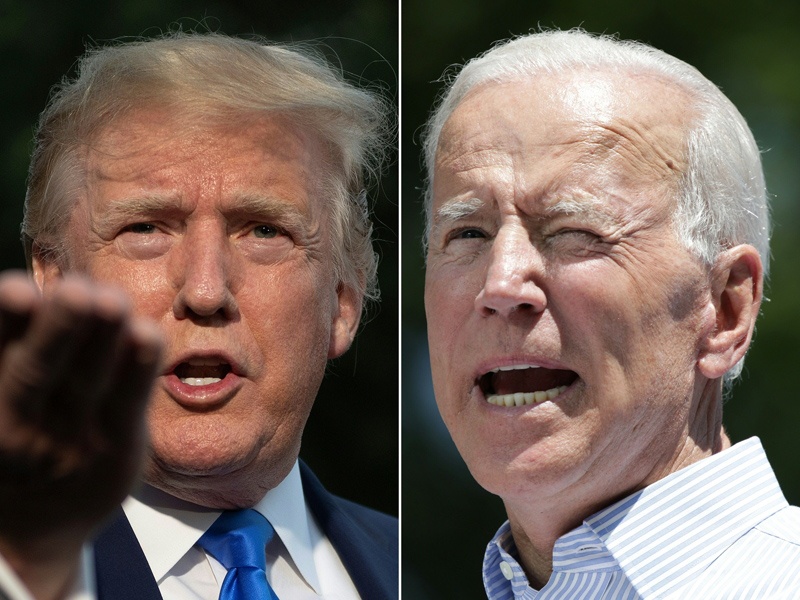 (COMBO) This combination of file pictures created on June 11, 2019 shows US President Donald Trump (L) as he departs the White House, in Washington, DC, on June 2, 2019, and former US vice president Joe Biden during the kick off his presidential election campaign in Philadelphia, Pennsylvania, on May 18, 2019. - With the White House campaign heading into its coronavirus-hobbled home stretch, Democratic nominee Joe Biden is preparing to announce his vice presidential running mate, a woman likely to play an outsize role in a new administration. (Photos by Jim WATSON and Dominick Reuter / AFP)
