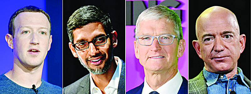 Big tech CEOs (from left) Mark Zuckerberg of Facebook, Sundar Pichai of Google, Tim Cook of Apple and Jeff Bezos of Amazon are scheduled to testify in Congress later this month.