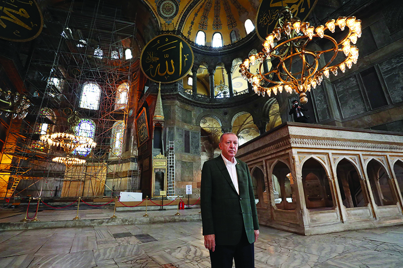 ISTANBUL: Turkish President Tayyip Erdogan visits the Hagia Sophia on Sunday. — AFP