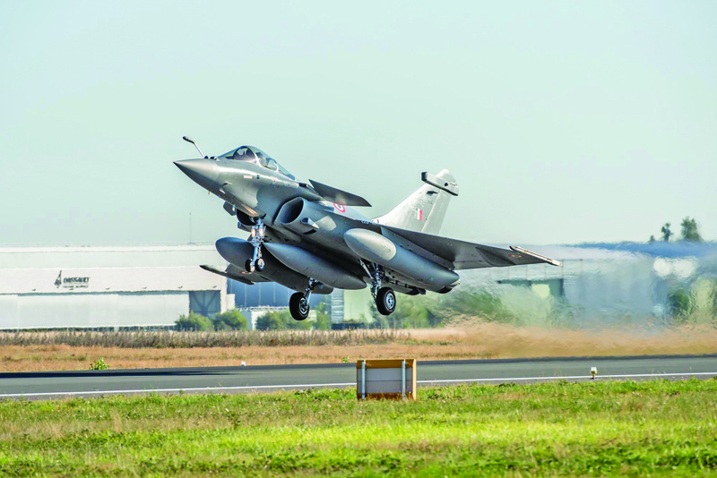 GIRONDE: A handout picture shows an Indian Air Force Rafale aircraft taking off from Merignac air base, southern France. Five Indian Air Force (IAF) Rafale aircraft, operated by Indian pilots, took off from the Dassault Aviation site in Merignac for their delivery to Ambala air base where they will enter service in the N∞17 'Golden Arrows' squadron of the IAF. - AFP