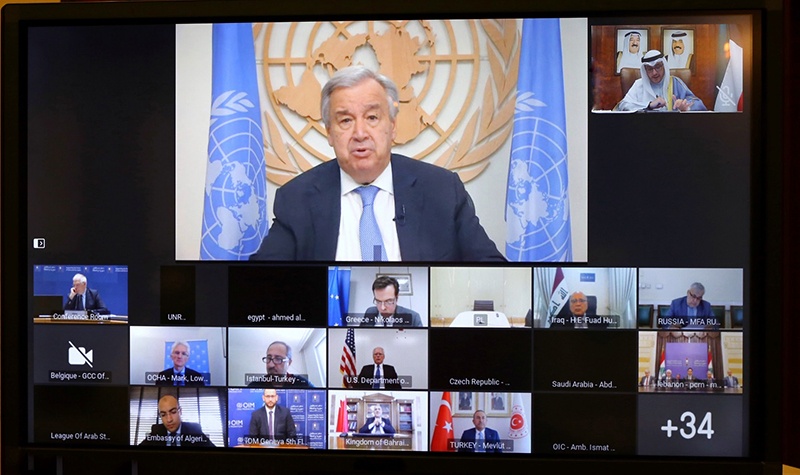 United Nations Secretary General Antonio Guterres attends the videoconference.