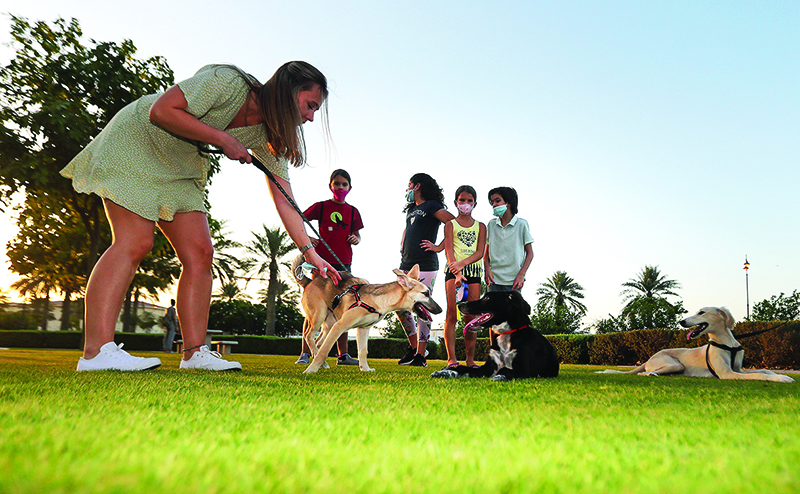 Paige Tiesdell, a British resident of Qatar, plays with one of her rescue dogs at a park in the Qatari capital Doha.