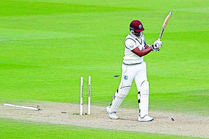SOUTHAMPTON: West Indies’ Shannon Gabriel loses his wicket for four runs on the third day of the first Test cricket match between England and the West Indies at the Ageas Bowl in Southampton, southwest England on July 10, 2020.  —AFP