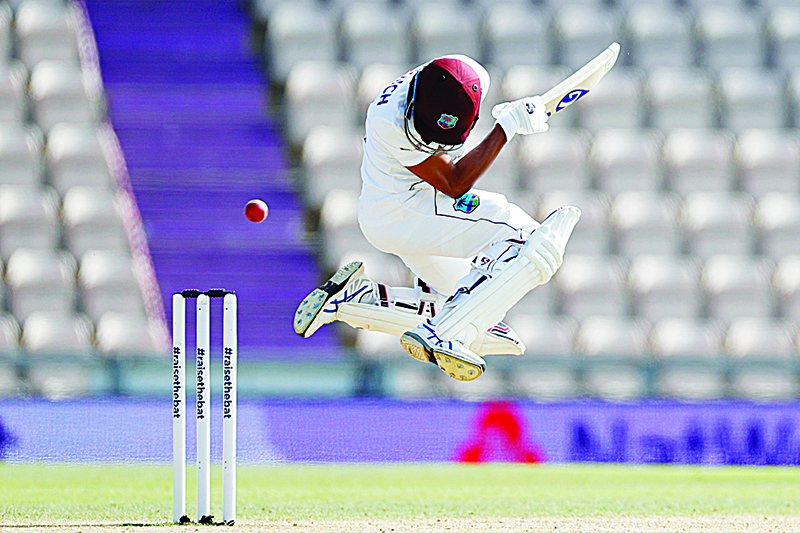 SOUTHAMPTON: West Indies’ Shane Dowrich evades a short ball on the fifth day of the first Test cricket match between England and the West Indies at the Ageas Bowl in Southampton, southwest England. —-AFP