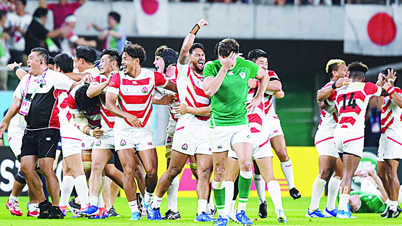 TOKYO: File photo shows Japan players celebrate after beating Ireland 19-12 in a huge upset at the Rugby World Cup tournament in Fukuroi, Shizuoka Prefecture.