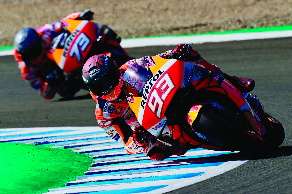 CORRECTION - Repsol Honda Team's Spanish rider Marc Marquez rides during the MotoGP test of the Spanish Grand Prix at the Jerez racetrack in Jerez de la Frontera on July 15, 2020. (Photo by JAVIER SORIANO / AFP) / The erroneous mention[s] appearing in the metadata of this photo by JAVIER SORIANO has been modified in AFP systems in the following manner: [Marc Marquez] instead of [Alex Marquez]. Please immediately remove the erroneous mention[s] from all your online services and delete it (them) from your servers. If you have been authorized by AFP to distribute it (them) to third parties, please ensure that the same actions are carried out by them. Failure to promptly comply with these instructions will entail liability on your part for any continued or post notification usage. Therefore we thank you very much for all your attention and prompt action. We are sorry for the inconvenience this notification may cause and remain at your disposal for any further information you may require.