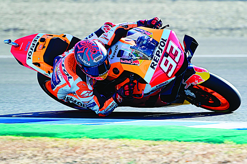 Repsol Honda Team's Spanish rider Marc Marquez takes part in the third MotoGP free practice session of the Andalucia Grand Prix at the Jerez race track in Jerez de la Frontera on July 25, 2020. (Photo by JAVIER SORIANO / AFP)