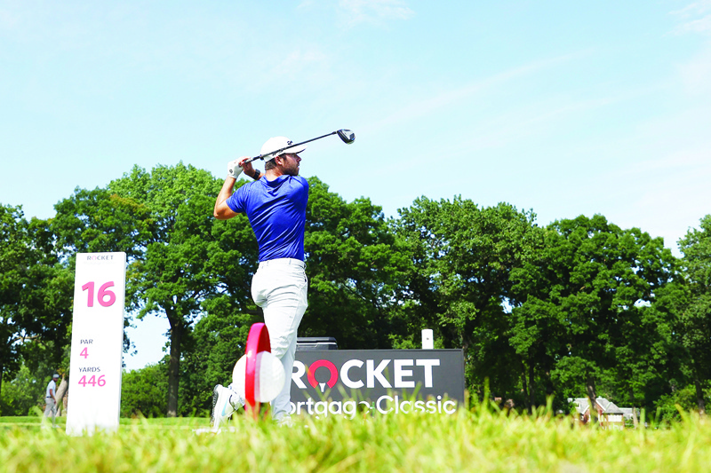 DETROIT, MICHIGAN - JULY 04: Matthew Wolff of the United States plays his shot from the 16th tee during the third round of the Rocket Mortgage Classic on July 04, 2020 at the Detroit Golf Club in Detroit, Michigan.   Gregory Shamus/Getty Images/AFP