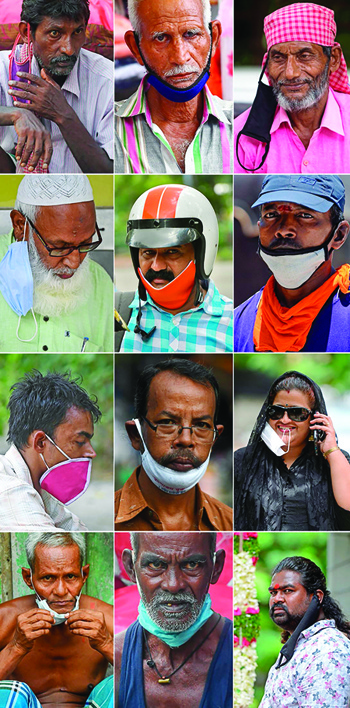 (COMBO) This combination of pictures created on July 13, 2020 shows the people using masks in different ways to cover their faces from various cities across India. - Indian police are having a field day handing out fines to people who do not wear a mask during the coronavirus pandemic. Some object but many people just cannot get used to the accessory that has come to symbolise the new normal. India now has almost 880,000 cases and more than 23,000 dead and experts say the peak is still weeks away. But rich and poor say they feel awkward or uncomfortable with a mask. (Photo by STF / AFP)