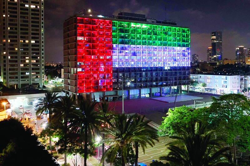 TEL AVIV: The city hall in this coastal city is lit up in the colors of the United Arab Emirates national flag on August 13, 2020. — AFP