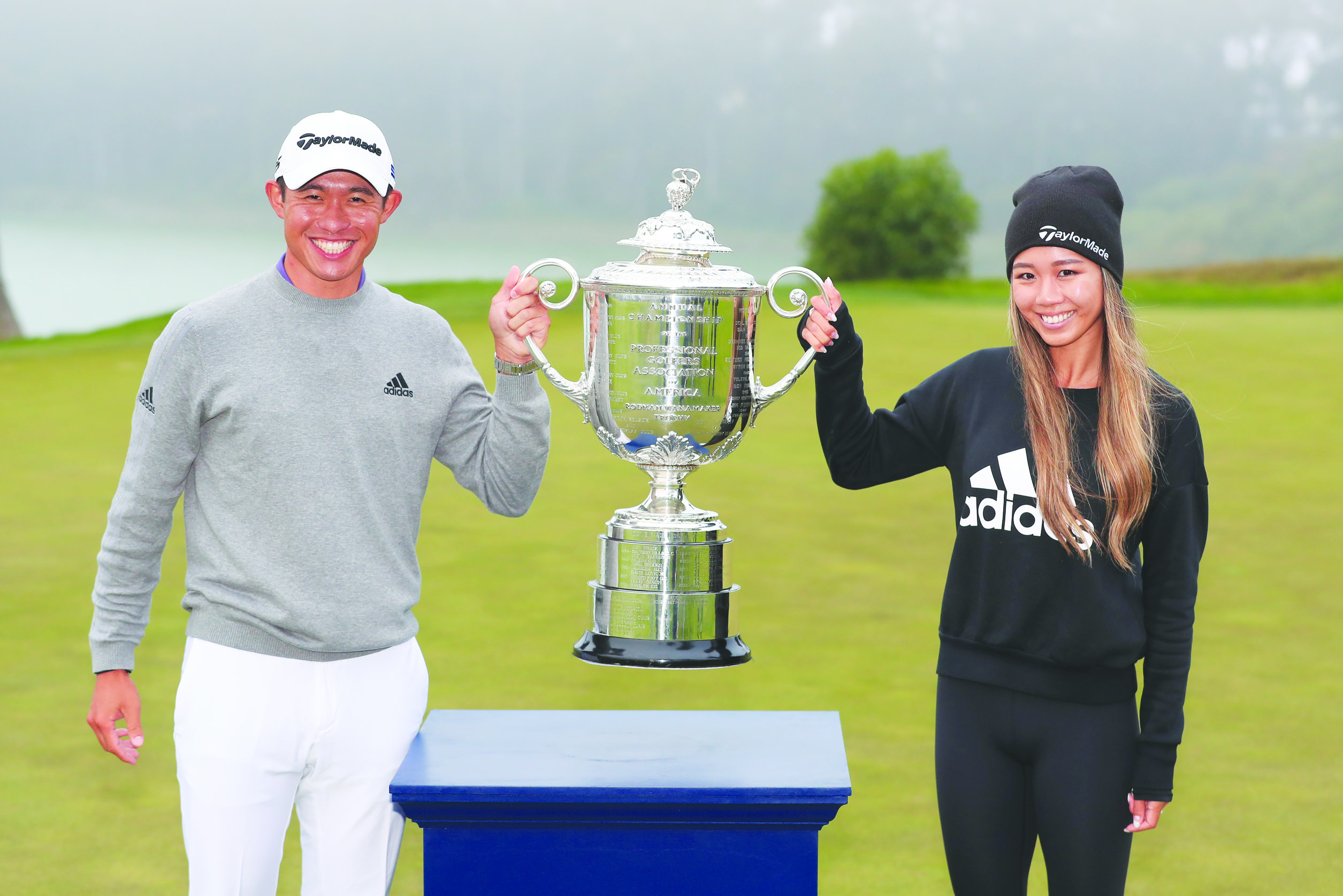 SAN FRANCISCO, CALIFORNIA - AUGUST 09: Collin Morikawa of the United States celebrates with the Wanamaker Trophy and girlfriend Katherine Zhu after winning the 2020 PGA Championship at TPC Harding Park on August 09, 2020 in San Francisco, California.   Tom Pennington/Getty Images/AFP