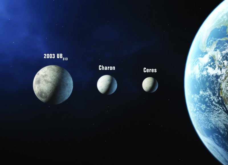 (FILES) In this file photo taken on August 17, 2006 An artist's rendition shows the three new planets to be added to the solar system if astronomers meeting in the Czech capital approve a new planetary definition, the conference organizer said 16 August 2006. - The dwarf planet Ceres -- long believed to be a barren space rock -- is an ocean world with reservoirs of sea water beneath its surface, the results of a major exploration mission showed on August 10, 2020. Ceres is the largest object in the asteroid belt between Mars and Jupiter and has its own gravity, enabling the NASA Dawn spacecraft to capture high-resolution images of its surface. (Photo by - / AFP)
