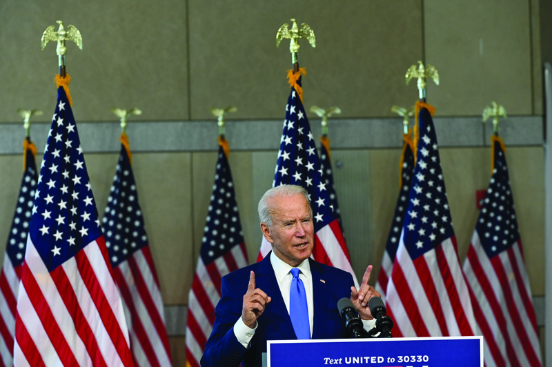 Democratic presidential nominee and former Vice President Joe Biden speaks at the National Constitution Center in Philadelphia, Pennsylvania on September 20, 2020, to make a statement on the nomination for replacement of recently deceased Supreme Court Justice Ruth Bader Ginsburg. - US presidential hopeful Joe Biden urged Senate lawmakers to not vote on filling the Supreme Court vacancy left by Ruth Bader Ginsburg's death until after the election in November. (Photo by ROBERTO SCHMIDT / AFP)