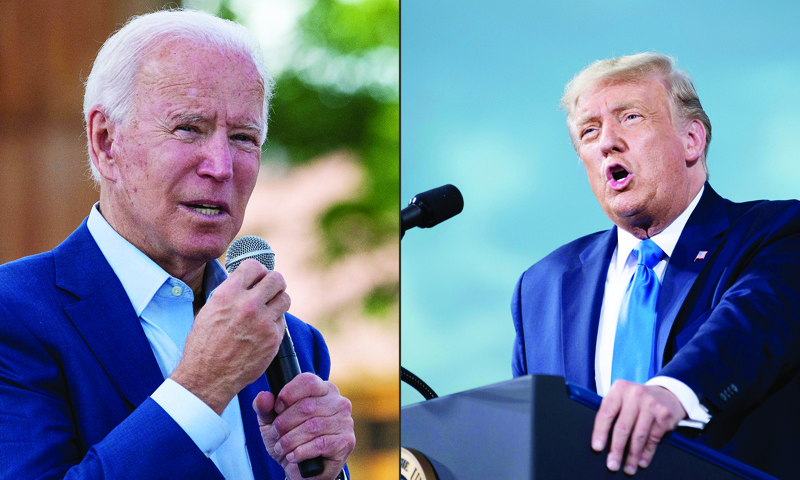 (FILES) In this file combination of pictures created on September 25, 2020 shows Democratic presidential candidate Joe Biden speaks September 23, 2020 at the Black Economic Summit at Camp North End in Charlotte, North Carolina and US President Donald Trump speaks during a campaign rally  September 24, 2020 at Cecil Airport  in Jacksonville, Florida. - With just over a month before the US presidential election, Donald Trump and Joe Biden are set to take the debate stage Tuesday September 29, the first show pitting the rivals against each other that's sure to have millions of Americans glued to their screens. (Photos by JIM WATSON and Brendan Smialowski / AFP)