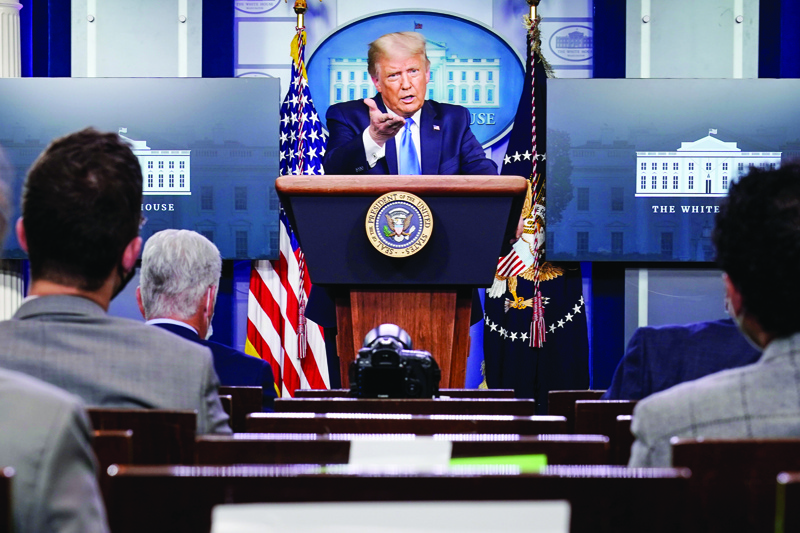 WASHINGTON, DC - SEPTEMBER 23: U.S. President Donald Trump speaks during a news conference in the briefing room of the White House on September 23, 2020 in Washington, DC. Trump fielded questions about a coronavirus vaccine and the latest developments in the Breonna Taylor case among other topics.   Joshua Roberts/Getty Images/AFP