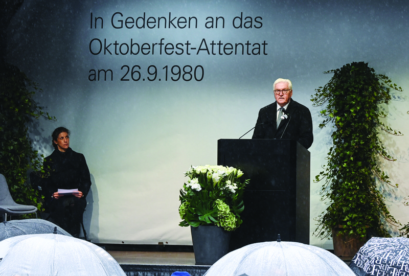 German President Frank-Walter Steinmeier speaks at 40th anniversary memorial of the Oktoberfest attack in Munich on September 26, 2020. - The attacker Gundolf Koehler was among the 13 victims killed when his bomb exploded in a rubbish bin at the entrance to the beer festival, in one of the deadliest attacks in Germany's post-war history. (Photo by CHRISTOF STACHE / AFP)