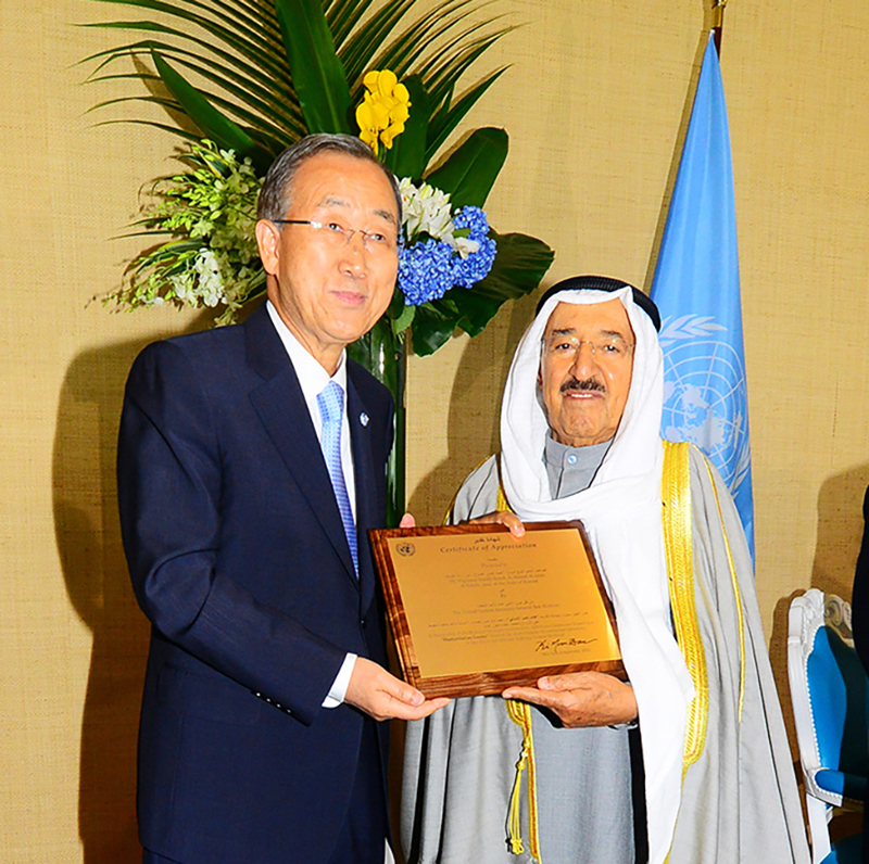 NEW YORK: In this September 9, 2014 file photo, UN Secretary General Ban Ki-moon honors His Highness the Amir of Kuwait Sheikh Sabah Al-Ahmad Al-Jaber Al-Sabah as a 'Humanitarian Leader' and Kuwait as a 'Humanitarian Center'. - KUNA