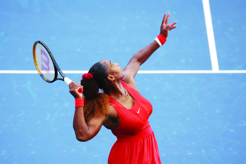 NEW YORK, NEW YORK - SEPTEMBER 05: Serena Williams of the United States serves during her Women‚Äôs Singles third round match against Sloane Stephens of the United States on Day Six of the 2020 US Open at USTA Billie Jean King National Tennis Center on September 05, 2020 in the Queens borough of New York City.   Al Bello/Getty Images/AFPn== FOR NEWSPAPERS, INTERNET, TELCOS &amp; TELEVISION USE ONLY ==