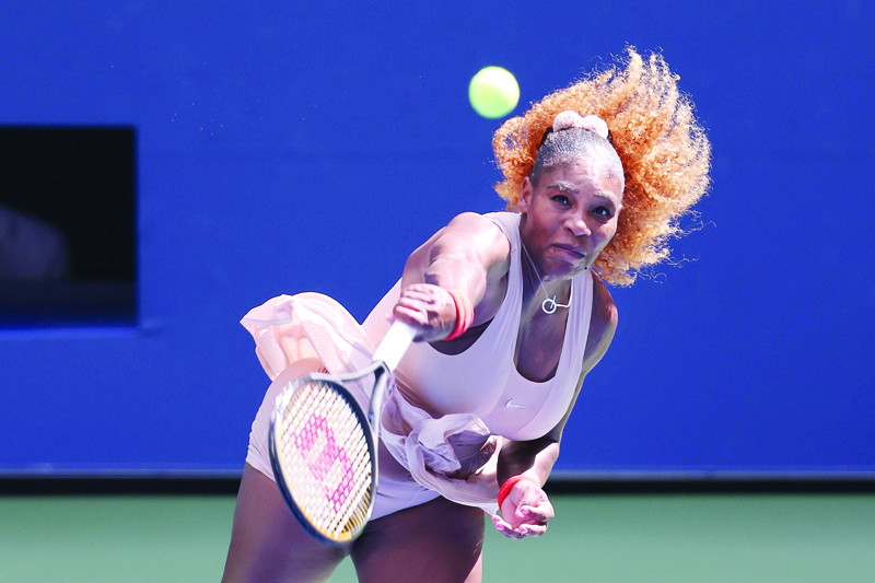 NEW YORK: Serena Williams of the United States serves the ball during her Women's Singles fourth round match against Maria Sakkari of Greece on Day Eight of the 2020 US Open on September 7, 2020. - AFP